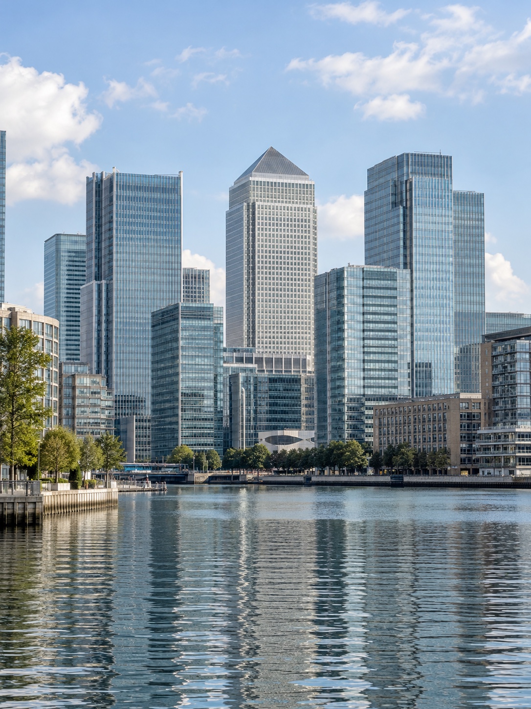 AI-generated view of Canary Wharf's skyline reflected in the dock water, London.
